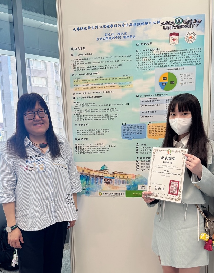 圖說：亞洲大學護理學系靖永潔助理教授（圖左）與劉庭妤同學（圖右）於學術研討會展示研究成果。