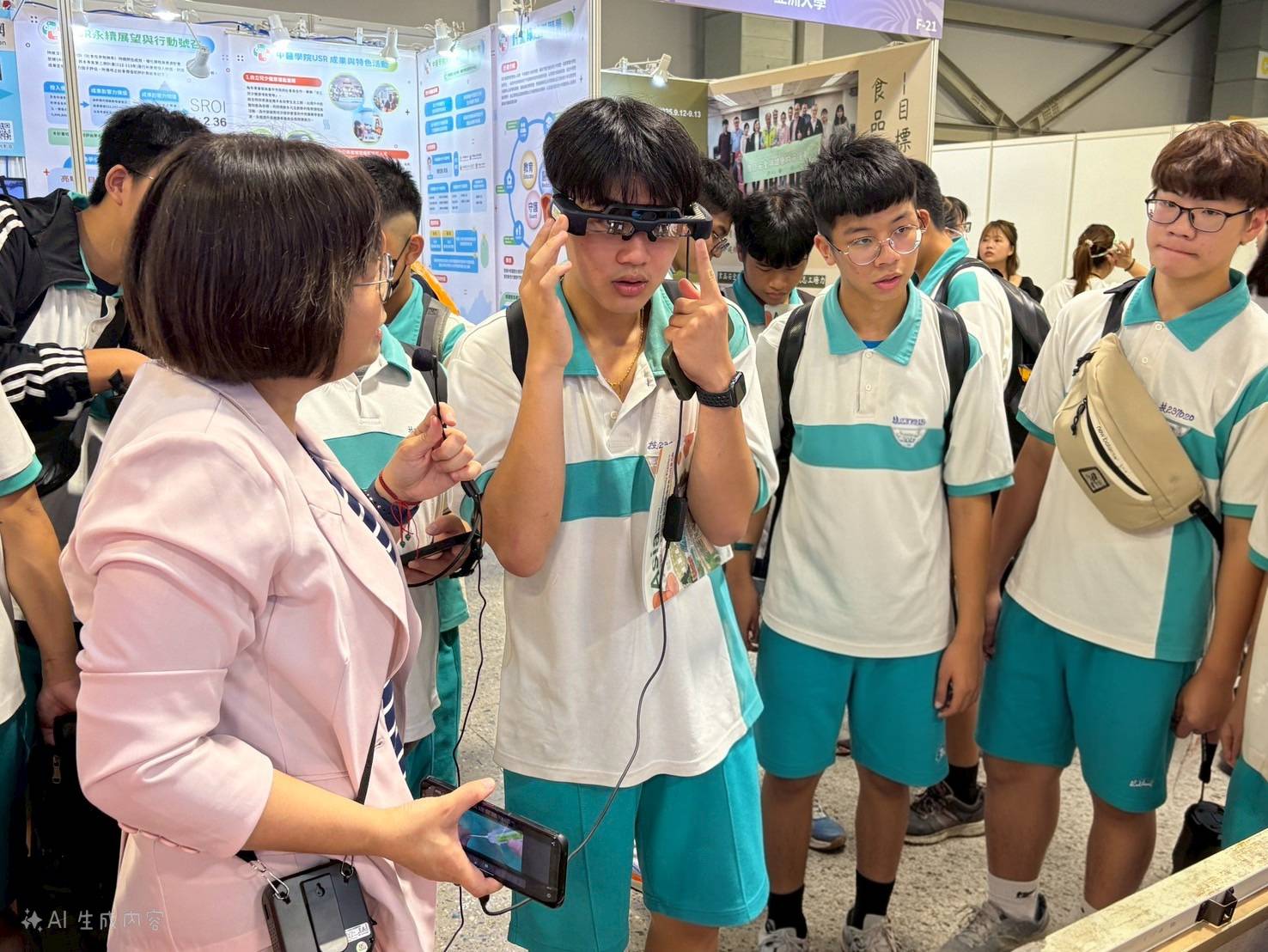 圖說：宜蘭頭城家商學生至亞大護理學院USR計畫攤位體驗擴增實境AR眼鏡，理解如何運用智慧科技培育在地長照人才。